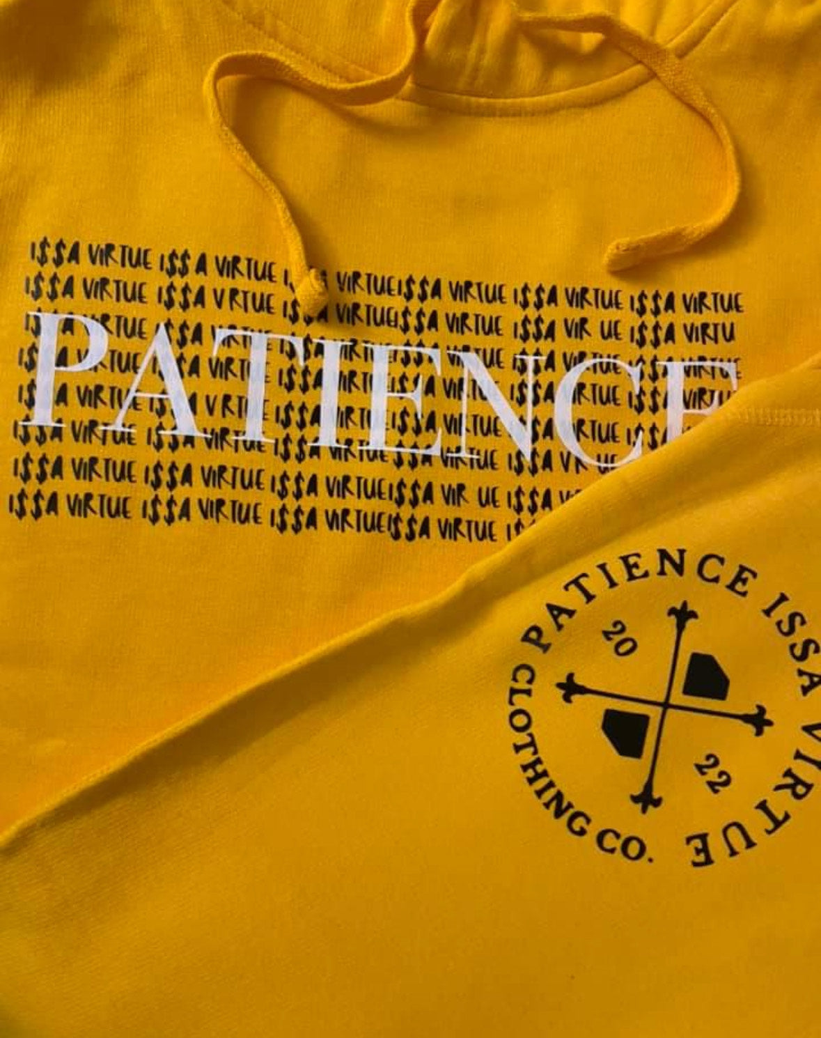 Patience Issa virtue - Yellow hoodie set w/ black & white writing