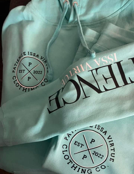 Patience Issa virtue - Teal 2nd gen hoodie set w/ black & white logo