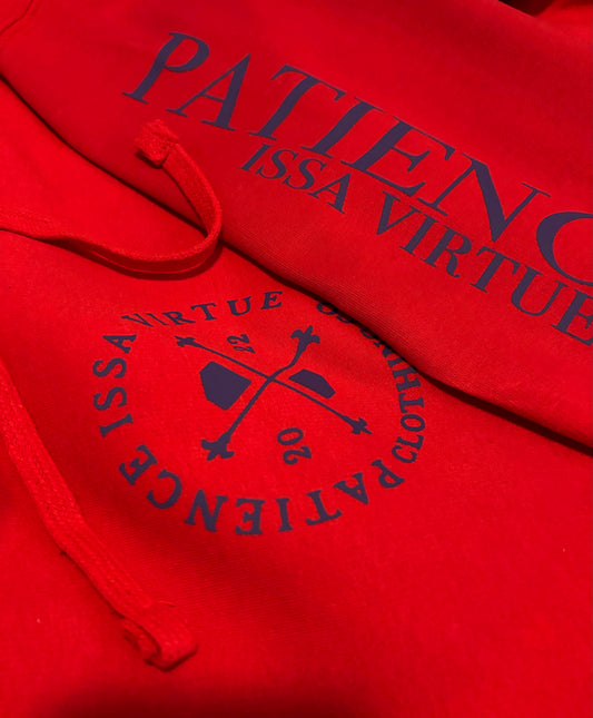 Patience Issa virtue - RED Classic hoodie WITH BLUE LOGO